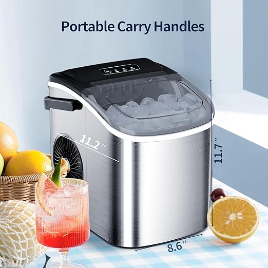 Ice Makers Countertop Stainless Steelwith Self-Cleaning, 26Lbs/24Hrs, 9 Cubes Ice Ready in 6 Mins, Portable Ice Maker with Ice Scoop/Basket for Home/Kitchen/Office/Bar (Stainless Steel)