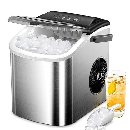 Ice Makers Countertop Stainless Steelwith Self-Cleaning, 26Lbs/24Hrs, 9 Cubes Ice Ready in 6 Mins, Portable Ice Maker with Ice Scoop/Basket for Home/Kitchen/Office/Bar (Stainless Steel)