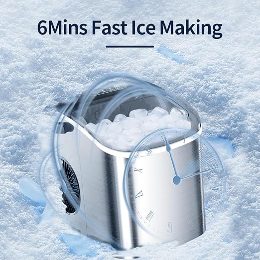 Ice Makers Countertop Stainless Steelwith Self-Cleaning, 26Lbs/24Hrs, 9 Cubes Ice Ready in 6 Mins, Portable Ice Maker with Ice Scoop/Basket for Home/Kitchen/Office/Bar (Stainless Steel)