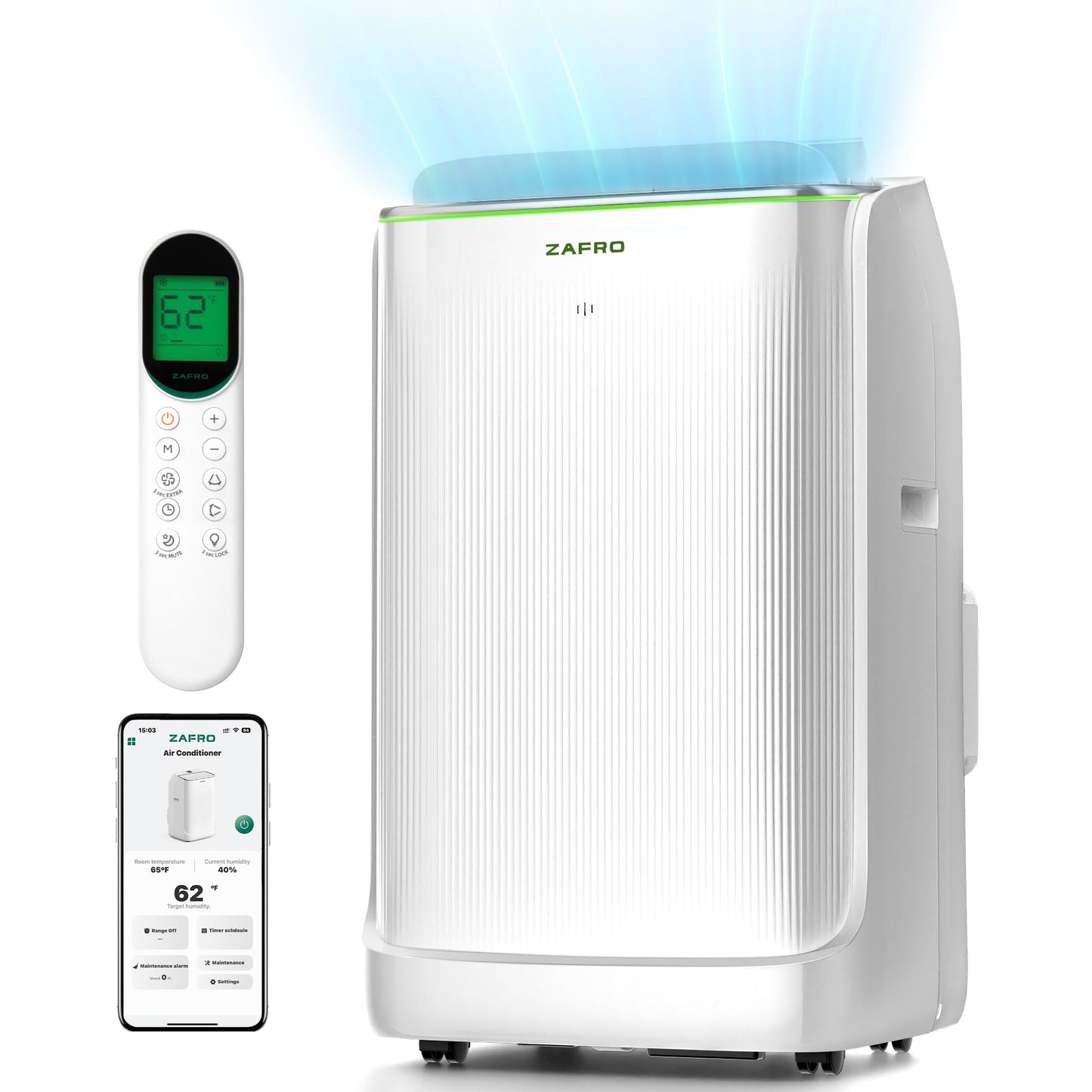 ZAFRO 16,000 BTU (12,000 BTU SACC) Portable Air Conditioners, Ultra Quiet(42dB) Portable Smart AC with Drainage-free Cooling/24Hrs Timer/APP/Remote/Cool, Fan & Dehumidifier Modes for Indoor Rooms