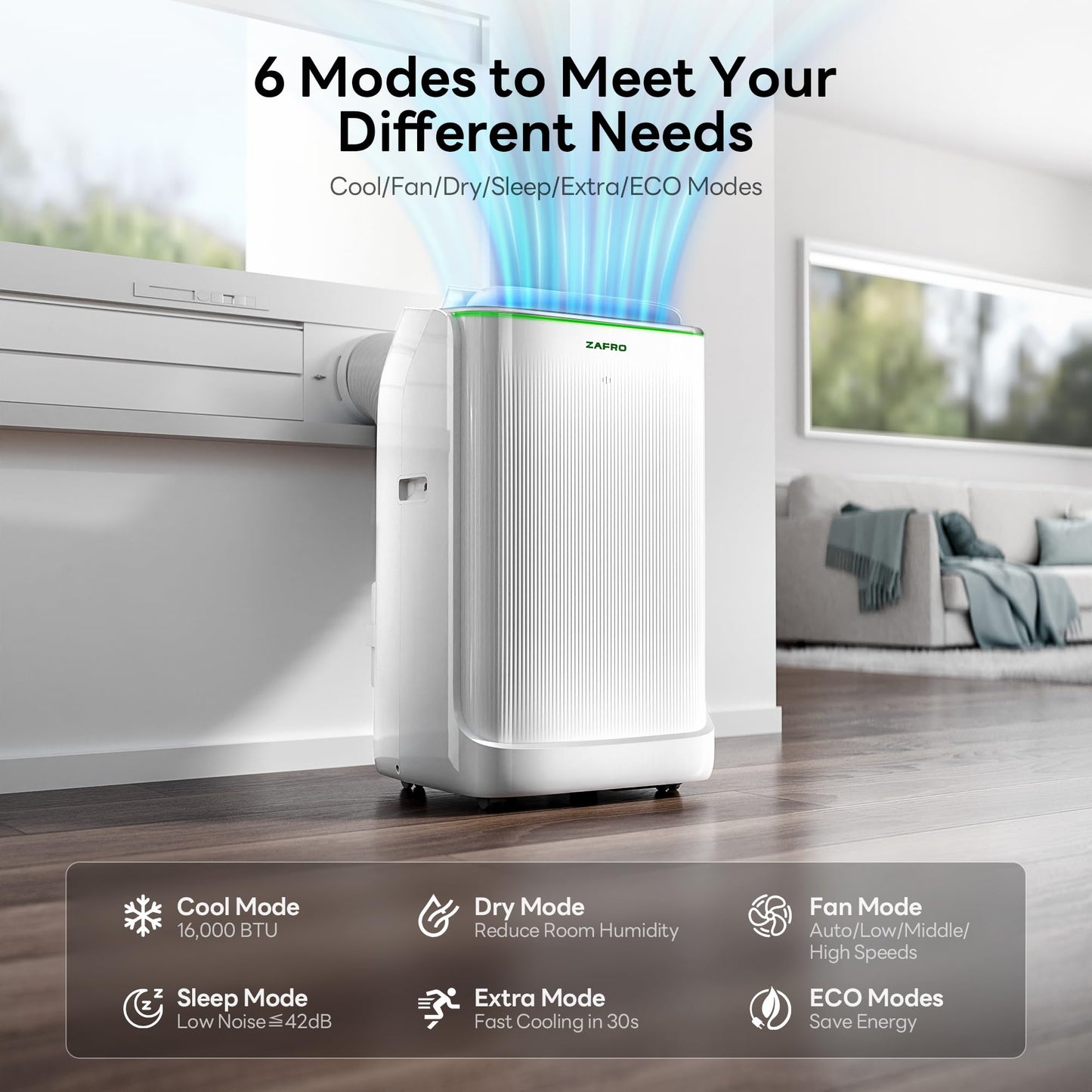 ZAFRO 14,000 BTU (10,000 BTU SACC) Portable Air Conditioners, Ultra Quiet(42dB) Portable Smart AC with Drainage-free Cooling/24Hrs Timer/APP/Remote/Cool, Fan & Dehumidifier Modes for Indoor Rooms