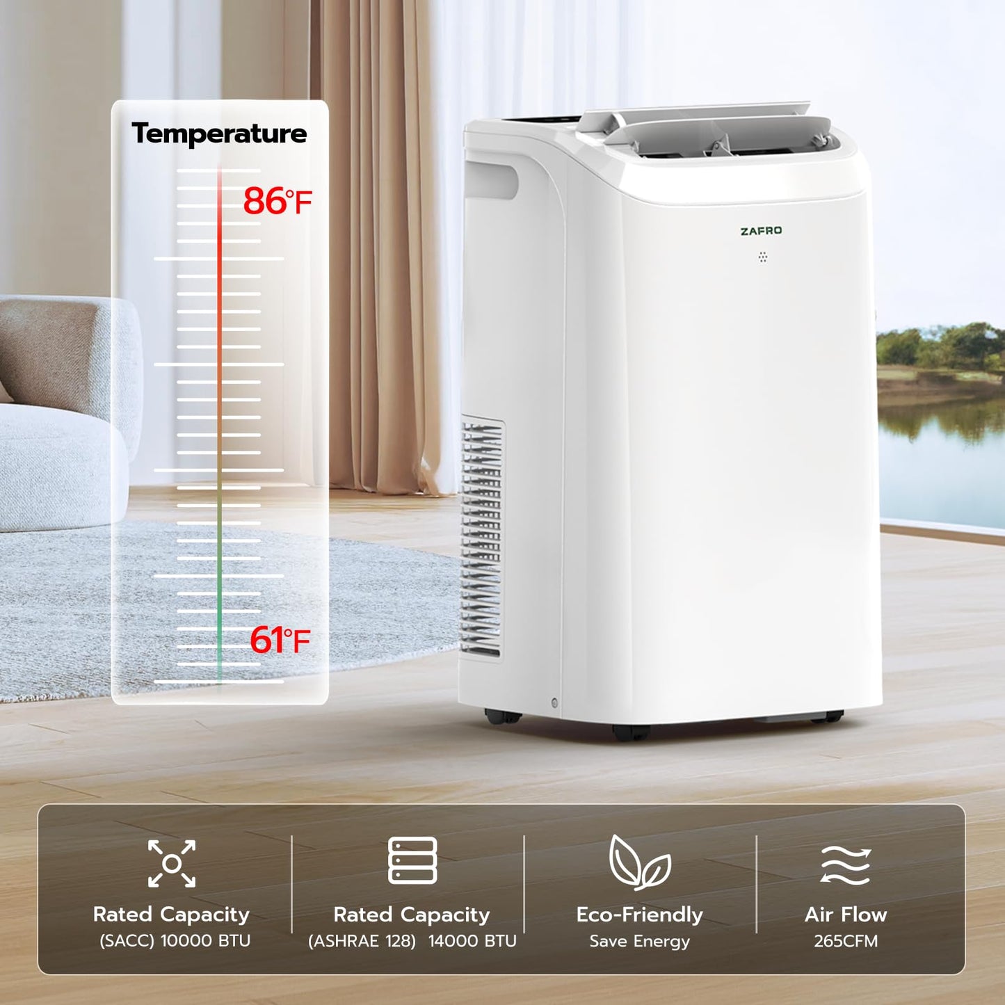 ZAFRO Portable Air Conditioners 12,000 BTU (8000 BTU SACC),44dB Quiet Cooling , WiFi/App Control, 24h Timer with Fan & Dehumidifier, for Bedroom, Office, Adjustable Design, Easy Installation